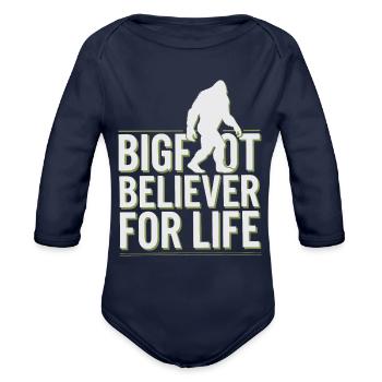 Bigfoot Believer Sasquatch Cryptid Forest Creature - Organic Long Sleeve Baby Bodysuit - dark navy - Front