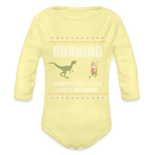 Ugly Christmas Sweater Running Dino and Santa - Organic Long Sleeve Baby Bodysuit
