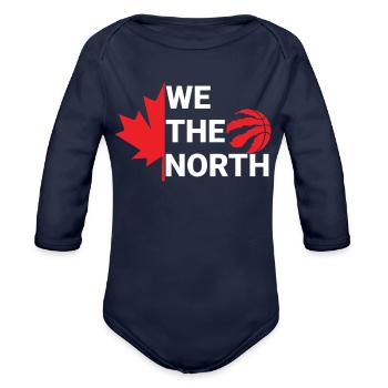 Northern Maple Basketball Crest - Organic Long Sleeve Baby Bodysuit - dark navy - Front