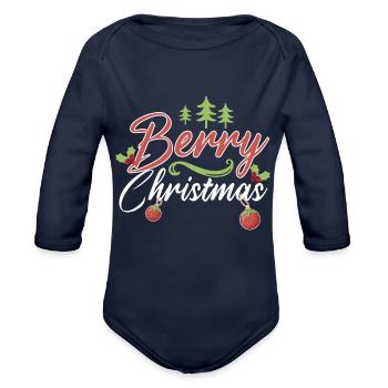Berry Christmas Strawberry - Organic Long Sleeve Baby Bodysuit - dark navy - Front
