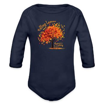 Falling Leaves Autumn Is Calling Maple Trees - Organic Long Sleeve Baby Bodysuit - dark navy - Front