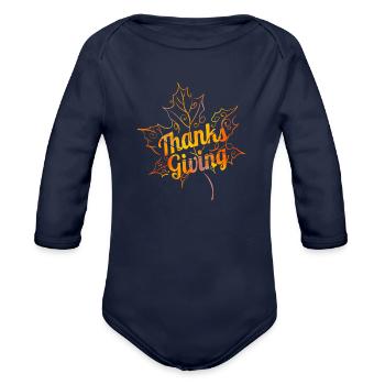 Ornament Brown Maple Leave Thanksgiving - Organic Long Sleeve Baby Bodysuit - dark navy - Front