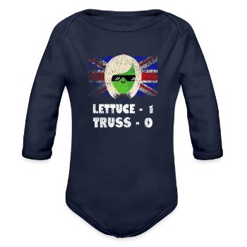 Lettuce Wins Liz Truss Funny Satire - Organic Long Sleeve Baby Bodysuit - dark navy - Front