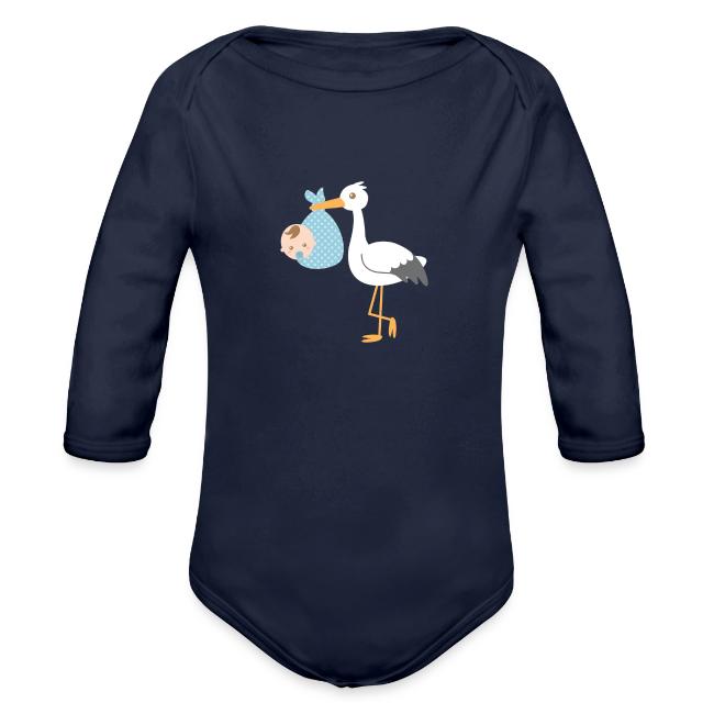 Rusty Doodle Stork Delivers Baby Boy In Blue Polka Dot Bundle