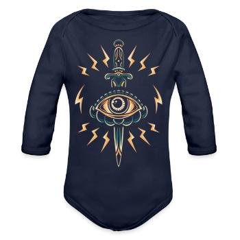 Evil Eye Dagger Lightning Bolts - Organic Long Sleeve Baby Bodysuit - dark navy - Front