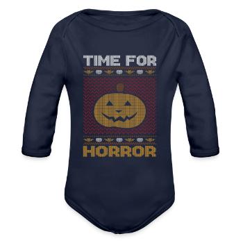 Stitch Pattern Pumpkin Creature Halloween - Organic Long Sleeve Baby Bodysuit - dark navy - Front