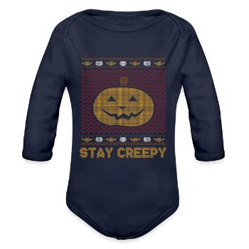 Stitch Pattern Pumpkin Creature Creepy Halloween - Organic Long Sleeve Baby Bodysuit - dark navy - Front