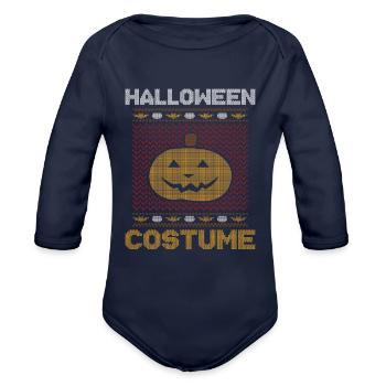 Stitch Pattern Pumpkin Scary Creature Halloween - Organic Long Sleeve Baby Bodysuit - dark navy - Front