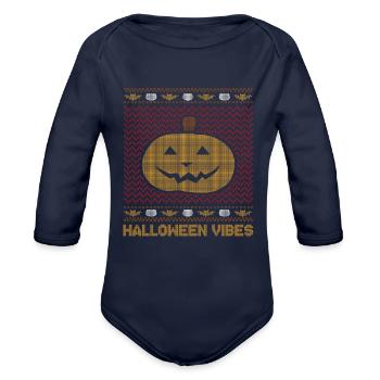 Stitch Pattern Pumpkin Creature Vibes Halloween - Organic Long Sleeve Baby Bodysuit - dark navy - Front