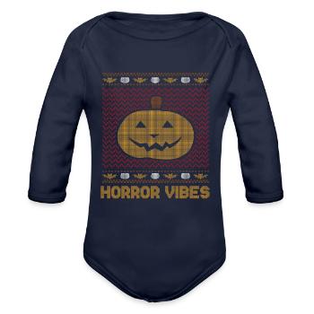 Stitch Pattern Pumpkin Creature Horror Halloween - Organic Long Sleeve Baby Bodysuit - dark navy - Front