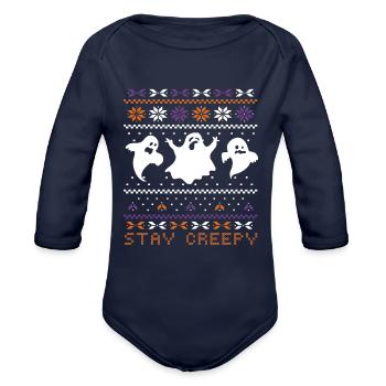 Stitch Pattern Ghost Creatures Creepy Halloween - Organic Long Sleeve Baby Bodysuit - dark navy - Front
