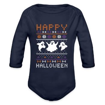 Stitch Pattern Ghost Creatures Happy Halloween - Organic Long Sleeve Baby Bodysuit - dark navy - Front
