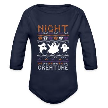 Stitch Pattern Ghost Night Creatures Halloween - Organic Long Sleeve Baby Bodysuit - dark navy - Front