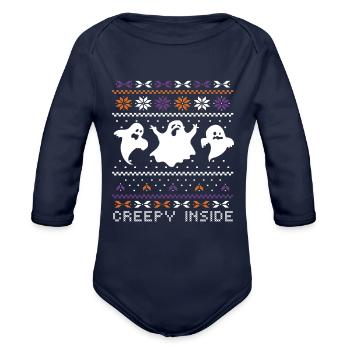 Stitch Pattern Ghost Creatures Inside Halloween - Organic Long Sleeve Baby Bodysuit - dark navy - Front