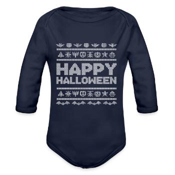 Stitch Pattern Funny Creatures Happy Halloween - Organic Long Sleeve Baby Bodysuit - dark navy - Front