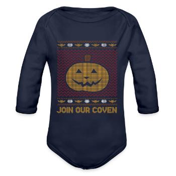 Stitch Pattern Pumpkin Creature Coven Halloween - Organic Long Sleeve Baby Bodysuit - dark navy - Front