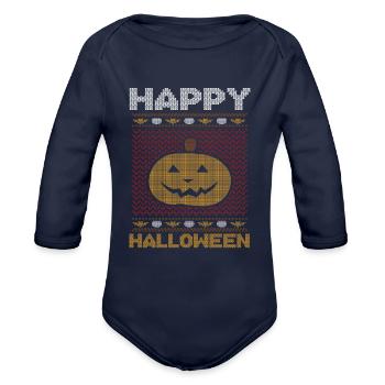 Stitch Pattern Pumpkin Happy Creature Halloween - Organic Long Sleeve Baby Bodysuit - dark navy - Front