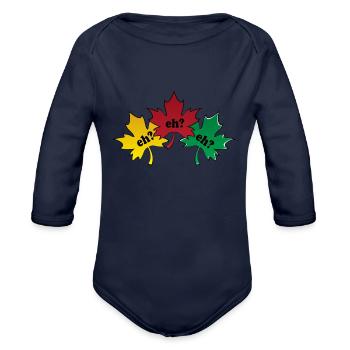 Eh canada on maple leaf with christmas colors - Organic Long Sleeve Baby Bodysuit - dark navy - Front