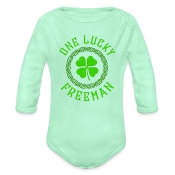 One Lucky Freeman Irish Family Four Leaf Clover - Organic Long Sleeve Baby Bodysuit - light mint - Front