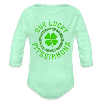One Lucky Fitzsimmons Irish Family 4 Leaf Clover - Organic Long Sleeve Baby Bodysuit - light mint - Front