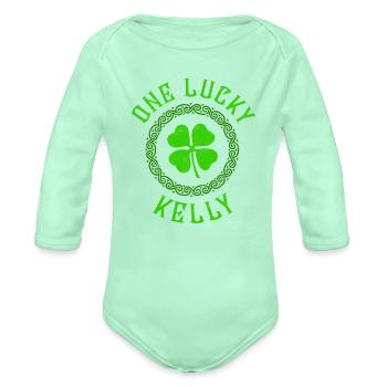 One Lucky Kelly Irish Family Four Leaf Clover - Organic Long Sleeve Baby Bodysuit - light mint - Front