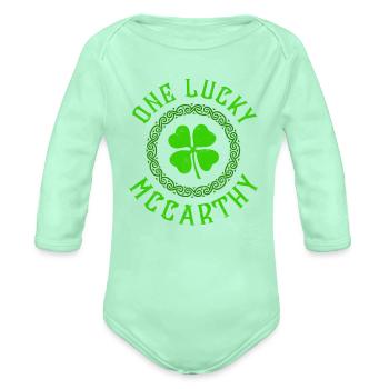 One Lucky McCarthy Irish Family Four Leaf Clover - Organic Long Sleeve Baby Bodysuit - light mint - Front