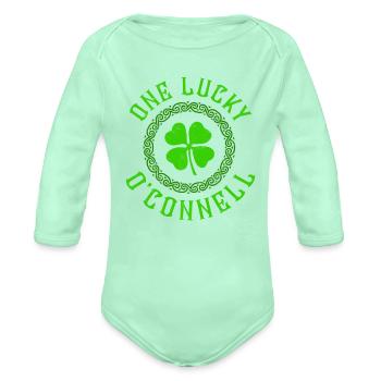One Lucky O'Connell Irish Family Four Leaf Clover - Organic Long Sleeve Baby Bodysuit - light mint - Front