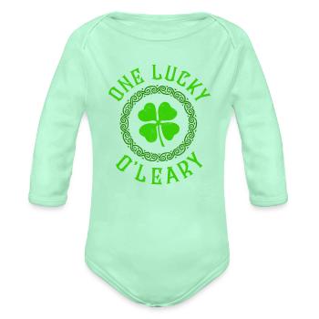One Lucky O'Leary Irish Family Four Leaf Clover - Organic Long Sleeve Baby Bodysuit - light mint - Front