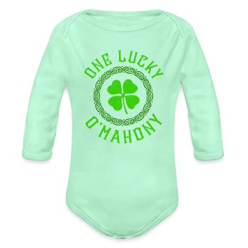 One Lucky O'Mahony Irish Family Four Leaf Clover - Organic Long Sleeve Baby Bodysuit - light mint - Front