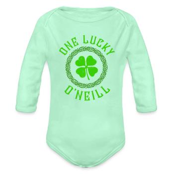 One Lucky O'Neill Irish Family Four Leaf Clover - Organic Long Sleeve Baby Bodysuit - light mint - Front