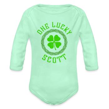 One Lucky Scott Irish Family Four Leaf Clover - Organic Long Sleeve Baby Bodysuit - light mint - Front