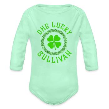 One Lucky Sullivan Irish Family Four Leaf Clover - Organic Long Sleeve Baby Bodysuit - light mint - Front