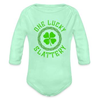 One Lucky Slattery Irish Family Four Leaf Clover - Organic Long Sleeve Baby Bodysuit - light mint - Front