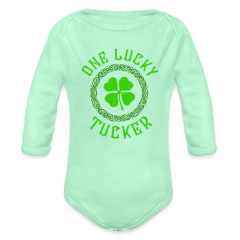 One Lucky Tucker Irish Family Four Leaf Clover - Organic Long Sleeve Baby Bodysuit - light mint - Front