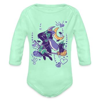 Beautiful witch mom magic witch broom - Organic Long Sleeve Baby Bodysuit - light mint - Front
