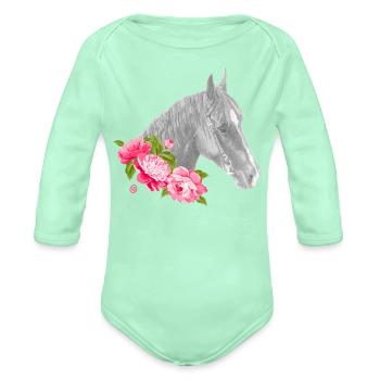 Horse Head drawing- Roses - Organic Long Sleeve Baby Bodysuit - light mint - Front