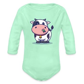 Cute Cow Eating Grass - Organic Long Sleeve Baby Bodysuit - light mint - Front