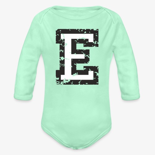 Letter E (Distressed) Black/White - Organic Long Sleeve Baby Bodysuit