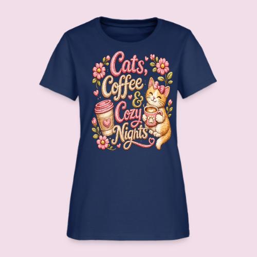 Cats, Coffee & Cozy Nights Faux Stitched Design - Women's T-Shirt