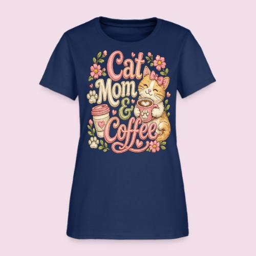 Cat Mom & Coffee Faux Stitched Cat Lover Design - Women's T-Shirt