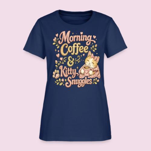 Morning Coffee & Kitty Snuggles Faux Stitched - Women's T-Shirt