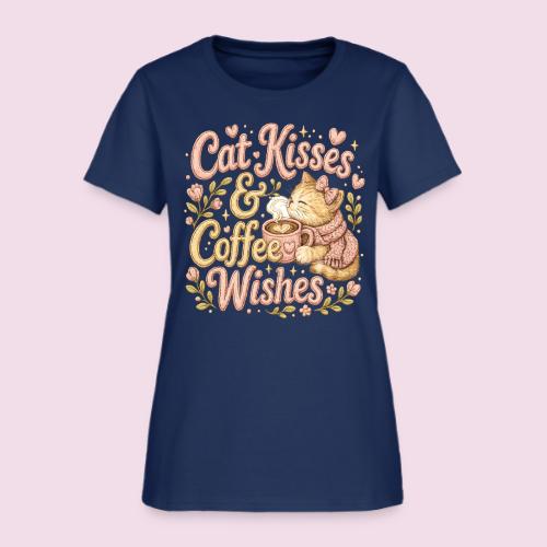 Cat Kisses & Coffee Wishes Faux Stitched - Women's T-Shirt