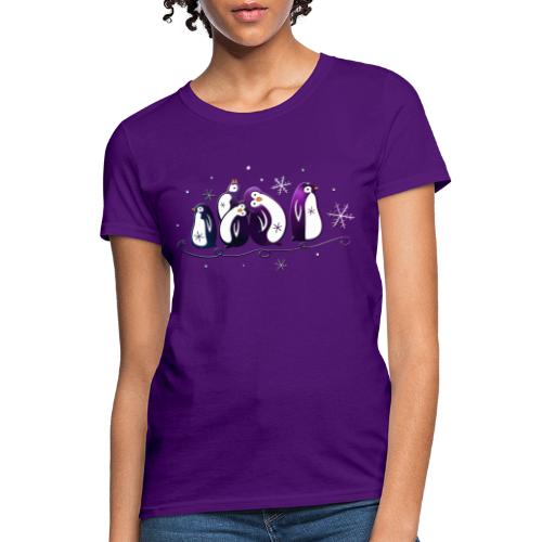 Purple penguins with snowflakes. Winter, snow and - Women's T-Shirt
