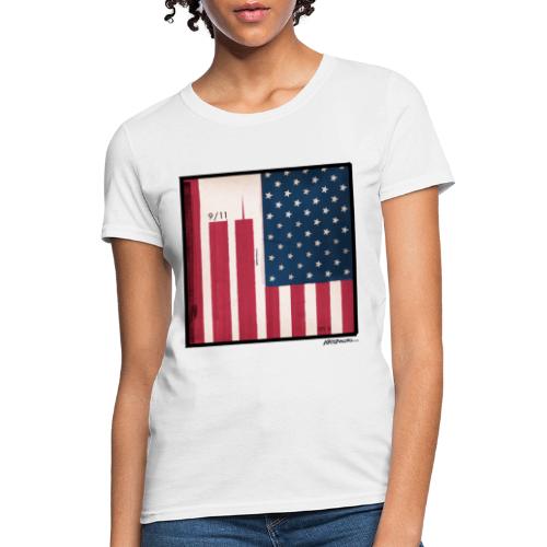 9 11 WTC Silhouette On Stars And Stripes - Women's T-Shirt