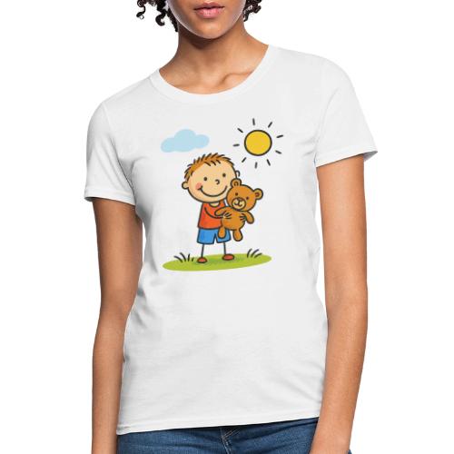 Cute Boy with Teddy Bear Cartoon Shirt - Women's T-Shirt