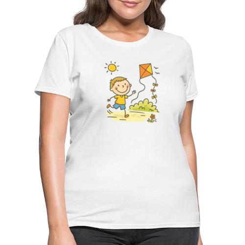 Happy Boy Flying Kite Cartoon T-Shirt - Women's T-Shirt