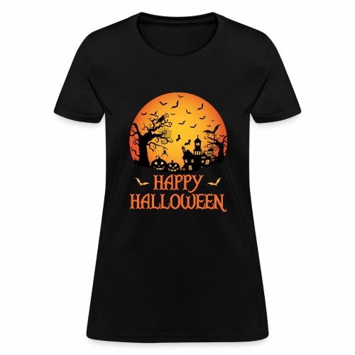 Haunted House Spider Cobweb Bat Crow Moonlit Gourd - Women's T-Shirt