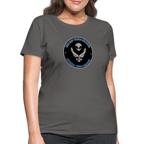 BlackOpsTransBigger1 Front with Mr Grey Back Logo - Women's T-Shirt