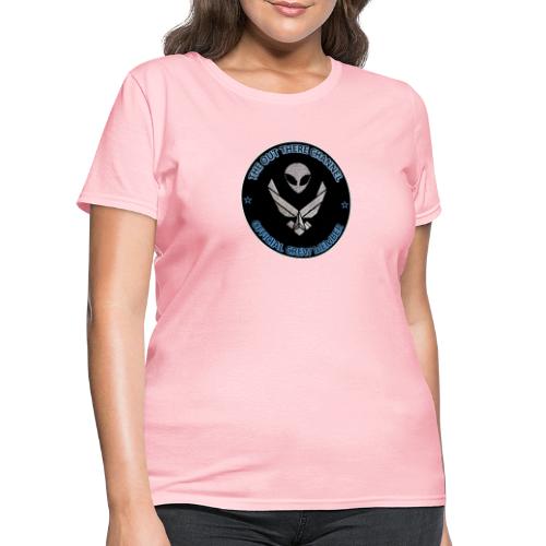 BlackOpsTransBigger1 Front with Mr Grey Back Logo - Women's T-Shirt