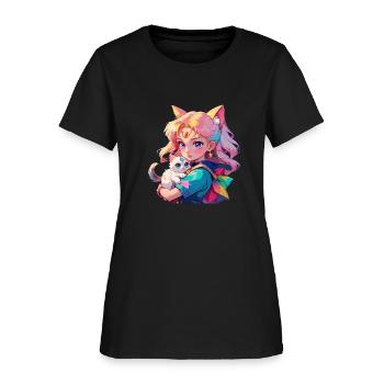 chibi art of holding a cat in Chibi art. - Women's T-Shirt - black - Front
